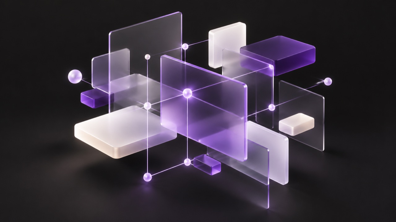 Conceptual editorial illustration of translucent interface panels connected across a shared canvas.