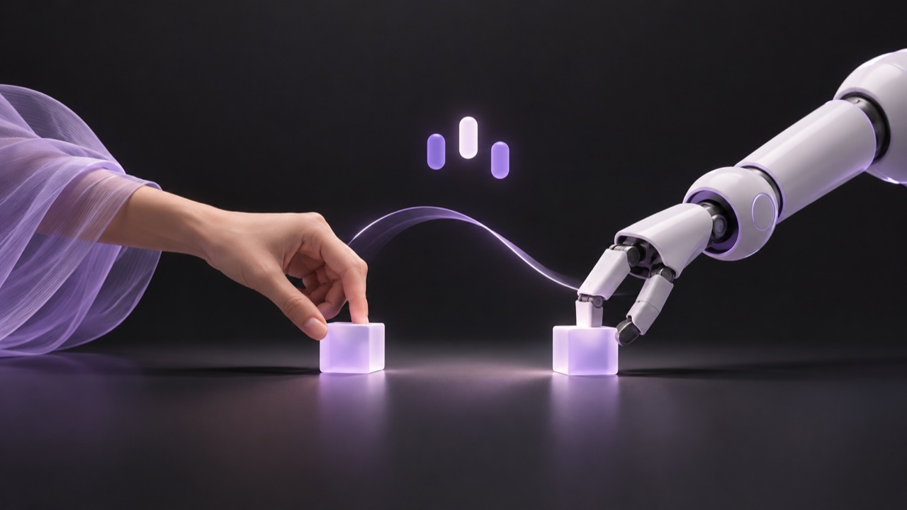 Conceptual editorial illustration of a human hand and robot hand teaching with two small blocks.